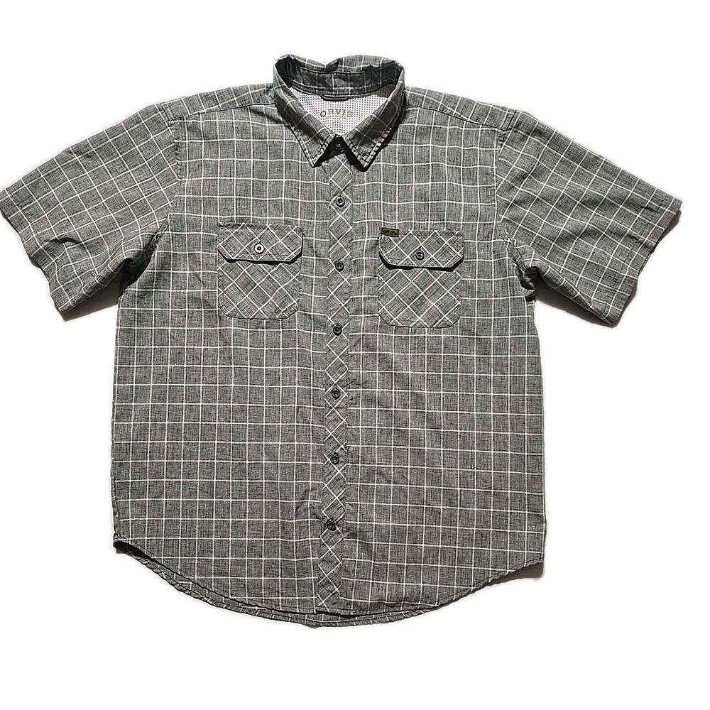 Orvis Men XL Gray Plaid Button Down Short Sleeve Shirt Outdoor Fishing